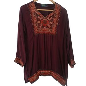 Women's Top Calico Brand Relaxed Tunic Woven Embroidered Split Neck Size Large